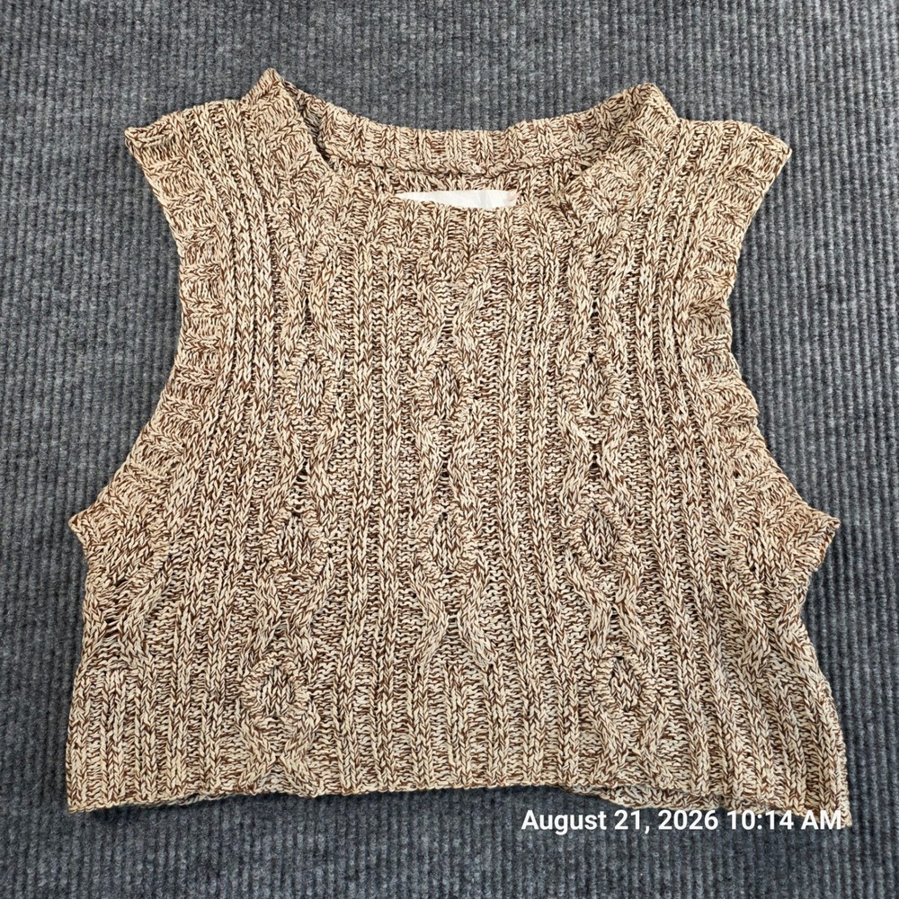 Story mfg. Organic Cotton Cable Knit Sleeveless Top Brown Cream Marled Medium